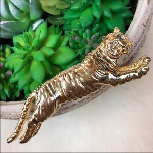 Vintage Gold Tiger Retro Brooch Pin Crystal Eyes Retro Jewelry Rare